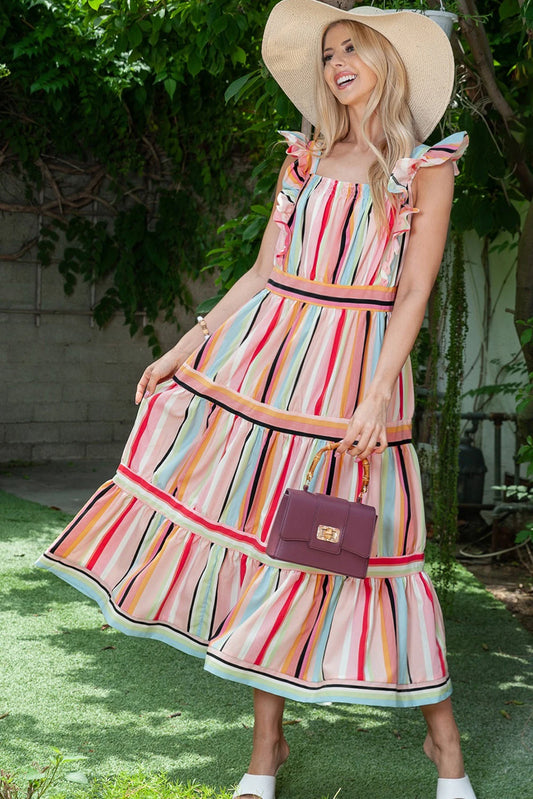 Pink rainbow stripe tiered maxi dress